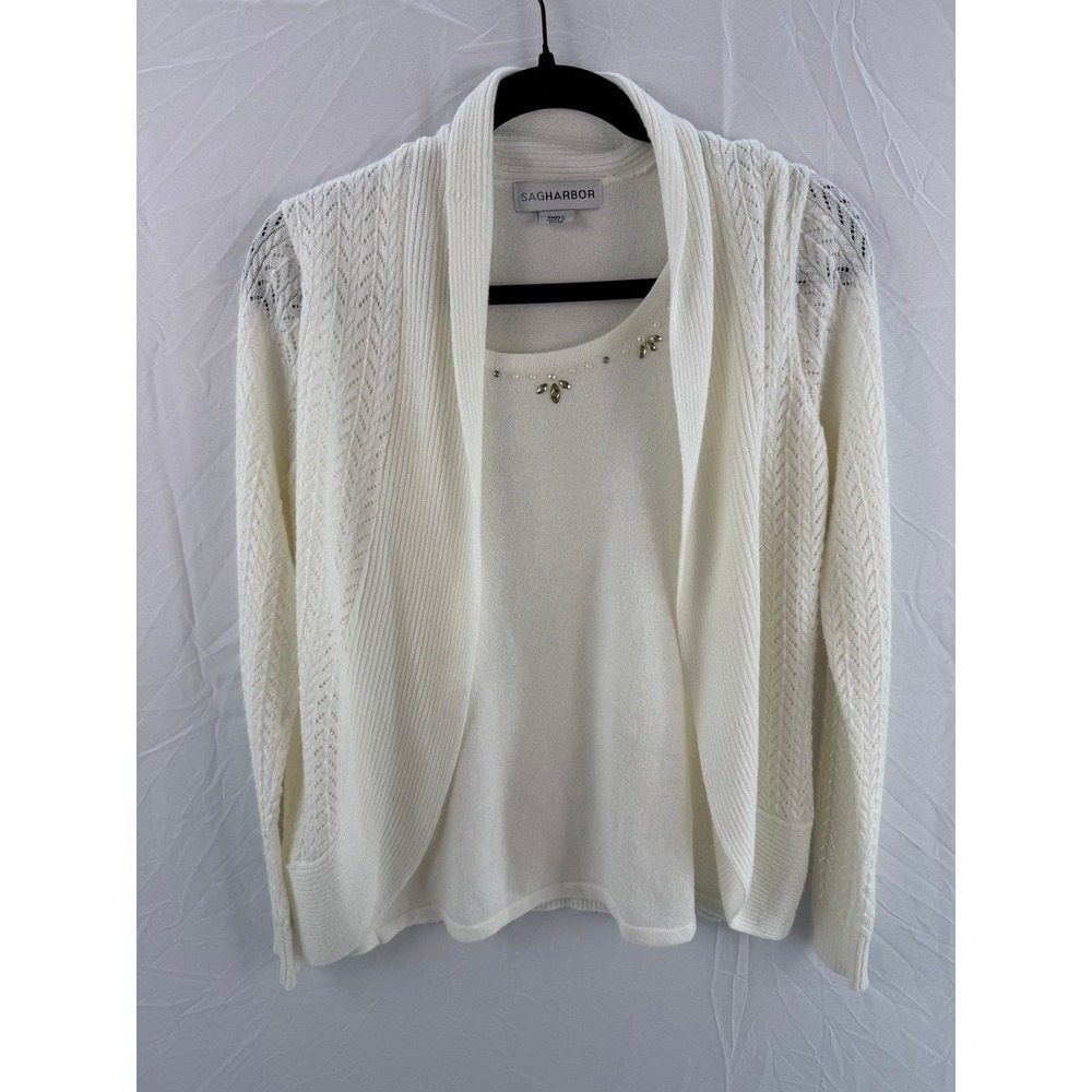 VTG‎ Grandmacore Sag Harbor Beaded Twinset Cardigan Sweater Womens S Ivory Open